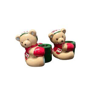 Vintage Holiday Teddy Bears Cute Candle Holders Pair